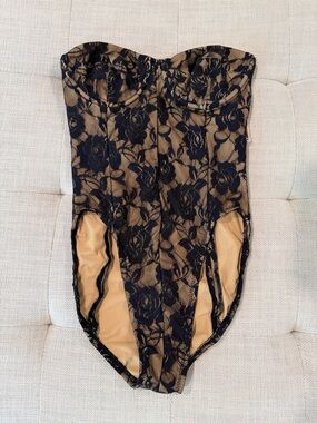 Norma Kamali Black Lace Overlay with Tan Underlay Bodysuit